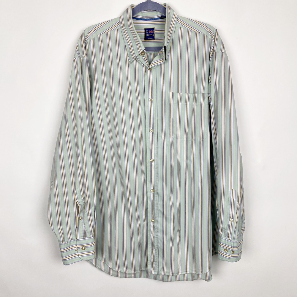 T. Harris London Striped Button Down Long Sleeve Shirt Mens XL Mint Green Multi